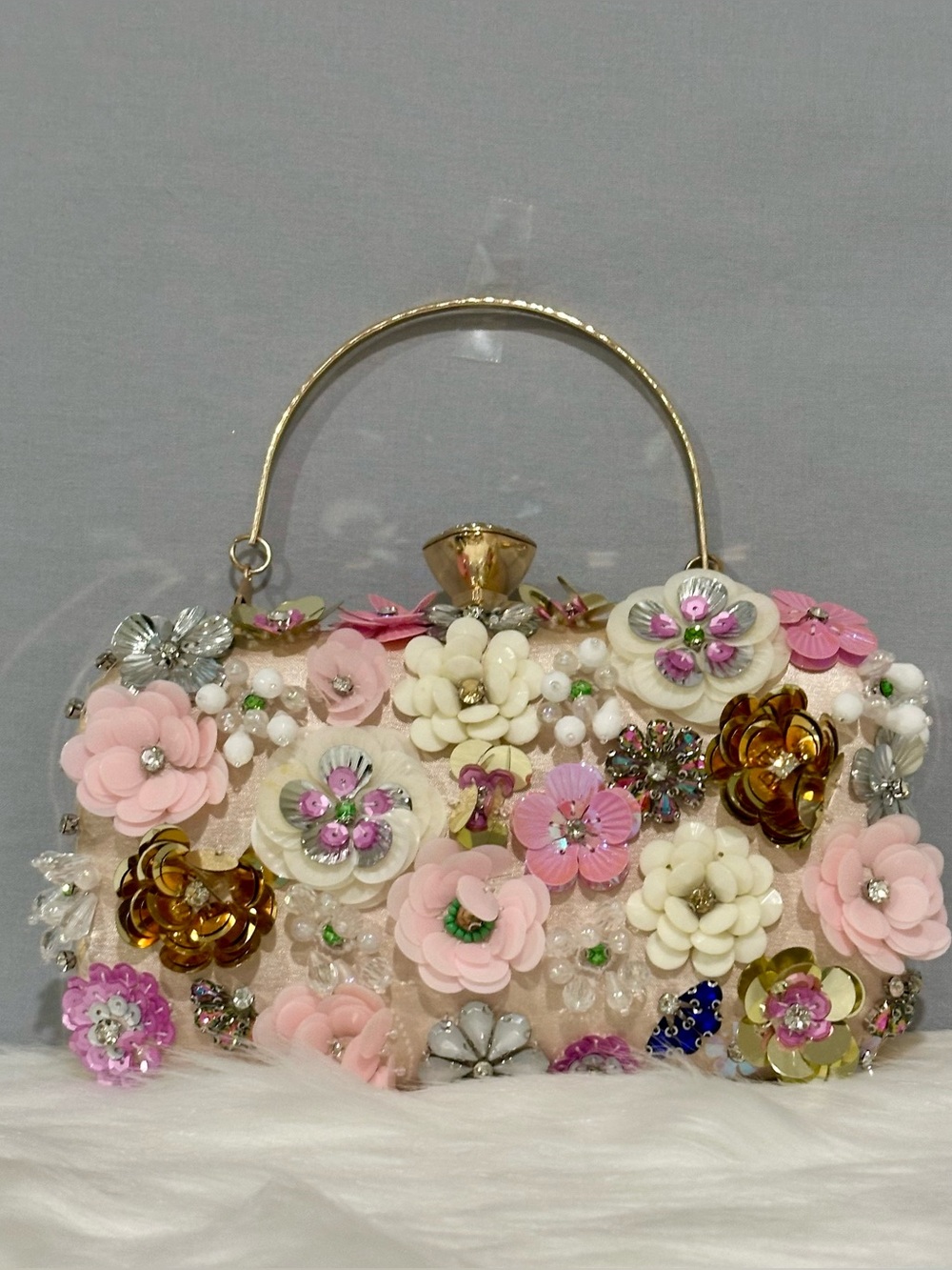 Embellished Floral Evening Top-Handle Bag in Pink & Ivory with Crossbody Chain